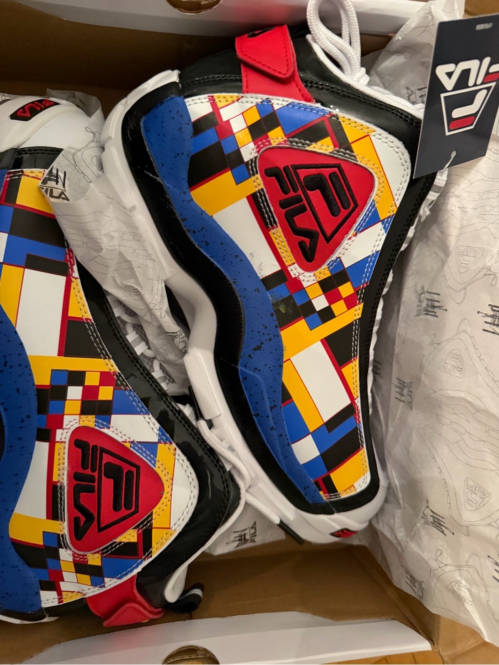 Fila Multicolor Graphic High-Top Sneakers — White, Blue, Yellow, Red, Black